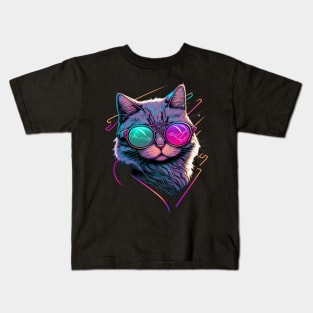 Synthwave/Retrowave neon CAT with Glasses Kids T-Shirt